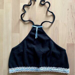 Teddy Fresh Women's Black Ribbed Bike Top Sports Bra w/ Ribbon size Medium NWOT